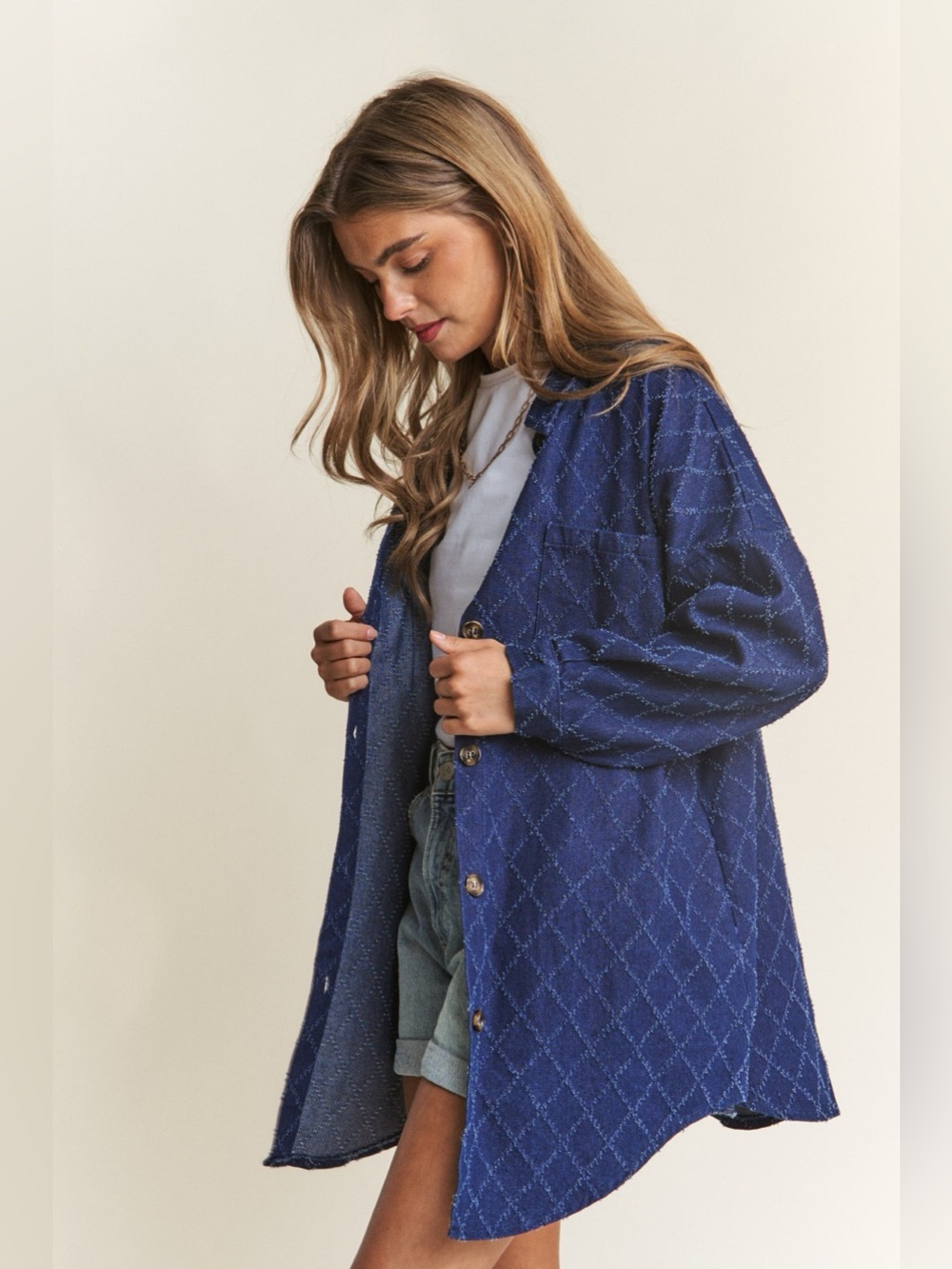 J.NNA Rhombus Stitched Button Up Denim Shacket - Picture 3 of 5